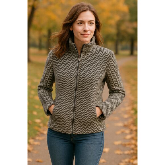 Lauren Ralph Lauren Zip Cardigan Sweater Womens Medium Lambswool Herringbone - Picture 1 of 13